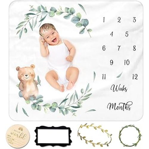 Baby Monthly Milestone Blanket | Baby Milestone Blanket with Milestone Cards | Thick Flannel Milestone Blanket for Baby Boy and Baby Girl | Photography Props | Eucalyptus Gender Neutral Nursery Decor