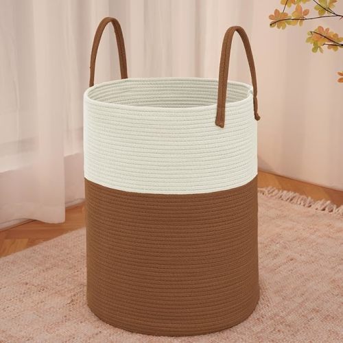 JMvicyroam Large Woven Laundry Basket Hamper,60L Cotton Rope Storage Bin for Blankets,Toys and Clothes,Decorative Tall Nursery Hamper for Living Room,Baby Nursery,Bathroom and Bedroom,White and Brown