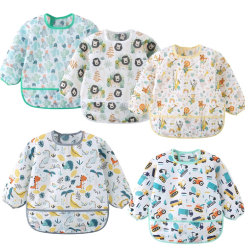 5 Pack Long Sleeve Bib,Baby Toddler Waterproof Sleeved Bib for 6-30 Months Reusable with Catch-all Pocket