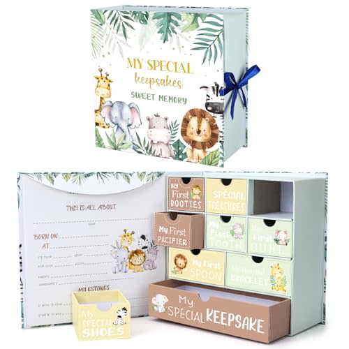 Beeveer Baby Keepsake Box Newborn Memory Organizer with 9 Labeled Compartments First Keepsake Book Gift Box for Pregnancy Mother"s Day Baby Shower New Maternity (Green,Jungle Animal)