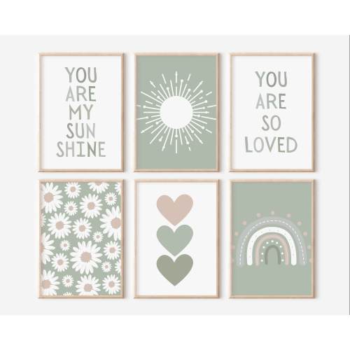 Nursery Wall Decor - Pastel Sage Green Nursery Prints - Boho Prints for Nursery/Baby Room - Set of 6 - DIGITAL DOWNLOAD