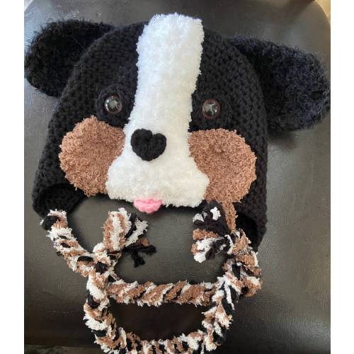 Bernese Mountain dog hat, crocheted furry Bernese dog hat, baby to adult size Bernese dog hat, can make to your specs. So cute!