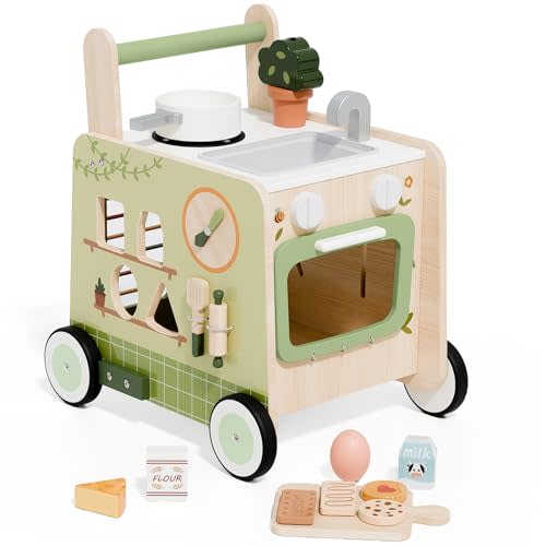 Baby Push Walker -Wooden Push Walker Montessori Toy- Toddler Learning Activity Walker for Girls Boys 1-3 Years - Pretend Kitchen Playset Ideal for Toddlers(Green )