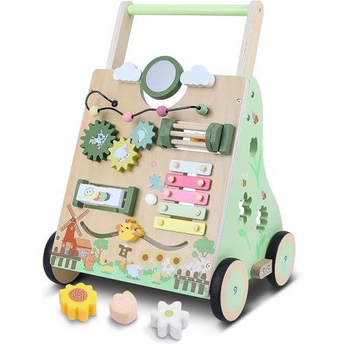 Wooden Baby Walker with Wheels, Toddler Push and Pull Walker Toys, Montessori Multiple Baby Activity Center Push Cart for Babies 6-12 Months 1 2 3 Years Old (Farm)