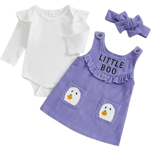 MoZiKQin Baby Girl Halloween Outfit Long Sleeve Ribbed Romper Ghost Embroidery Overall Dress Headband Cute Fall Clothes