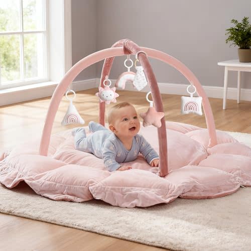 5-in-1 Thick & Plush Baby Play Gym, Baby Play Mats for Floor, Tummy Time Mat with 6 Toys, Convertible Stage-Based Developmental from Babies to Toddlers, Ball Pit, Pink