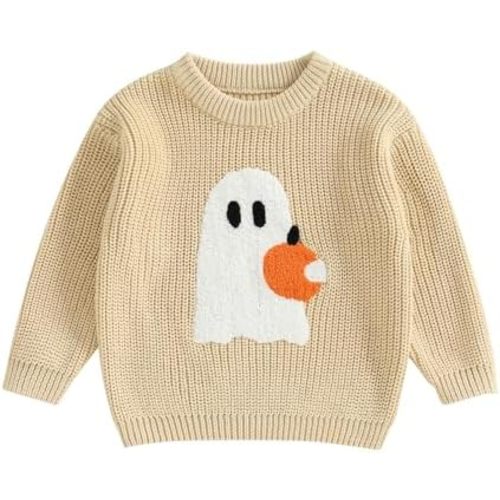 Toddler Baby Boys Girls Halloween Sweaters Pumpkin Letter Ghost Long Sleeve Round Neck Ribbed Knitted Pullover Tops