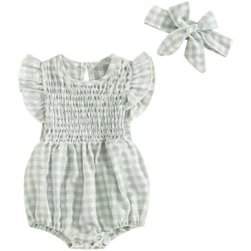 Newborn Baby Girl Summer Outfit Casual Romper Ruffle Sleeve Plaid Playsuit With Headband For Infant Girl 0-18M