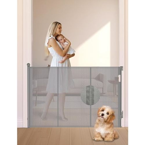 Reinforced Retractable Baby Gate, Extra 38" Tall, Extends up to 63" Wide, Hardwared Installation Mesh Gate for Stairs, Dog Gate, Child Pet Gate for Stairs, Doorways, Hallways, Indoo (Gray)
