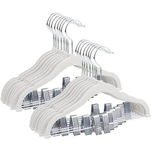 ManGotree 11.8'' Baby Velvet Hangers with Movable Clips, Non-Slip Kids Clothes Hangers, Ultra-Thin Space-Saving Children's Felt Hangers for Shirts, Pants, Dresses, Skirts, Jackets (16 Pack, White)