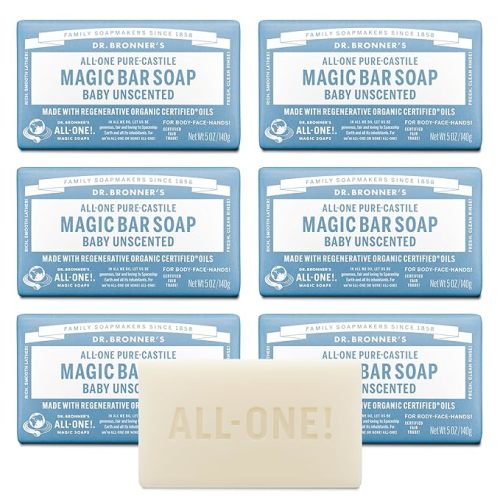 Dr. Bronner's Pure-Castile Magic Bar Soap (Baby Unscented, 5 oz, 6-Pack) - Made with Regenerative Organic Certified Oils, For Face, Body & Hair, Gentle for Sensitive Skin - Vegan, Non-GMO