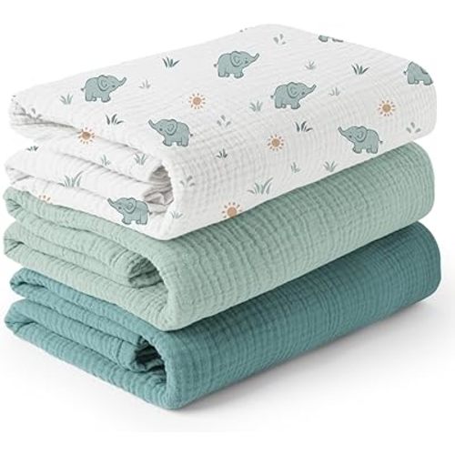 Konssy 3 Pack Muslin Swaddle Blankets for Unisex, Newborn Receiving Blanket, Large 47 x 47 inches, Soft Breathable Muslin Baby Swaddles for Boys & Girls