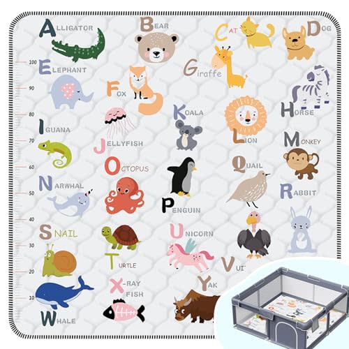 Baby Play Mat,Thick Soft 50" X 50" Playpen mat, Foldable and Machine Washable Baby Play Mats for Floor,Play Mat for Babies, Toddlers & Infants to Play and Learn (Animal Alphabet-A)