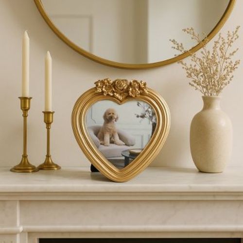 Decorative Heart Photo Frame with Roses Top Detailing - Ornate Frame Perfect for Tabletop, Living Room, Bedroom, Home Decor - 7", Gold