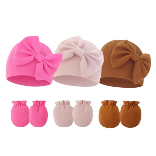 Fecawd Newborn Baby Hats Mittens Sets Bow Infant Caps Gloves No Scratch Mitten Beanie Set for 0-6 Months Girls