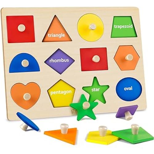 Roberly Shape Wooden Puzzles for Toddlers 1-3, Montessori Toys Peg Puzzle Geometric Color Matching Board for Girls Boys 12-18-24 Months Preschool Learning Educational Toys Birthday Gifts for Kids