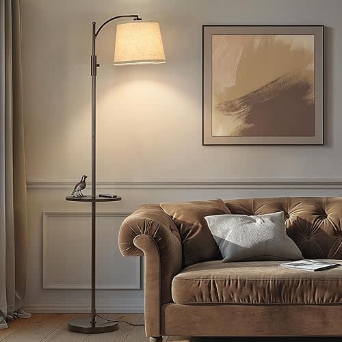 AIDENOEY Fully Dimmable Floor Lamp for Living Room，Standing Lamp Rotary Switch with Table&Linen Beige Shade，Brown Tall Lamps for Bedroom with Adjust Head，9W LED Bulb Included
