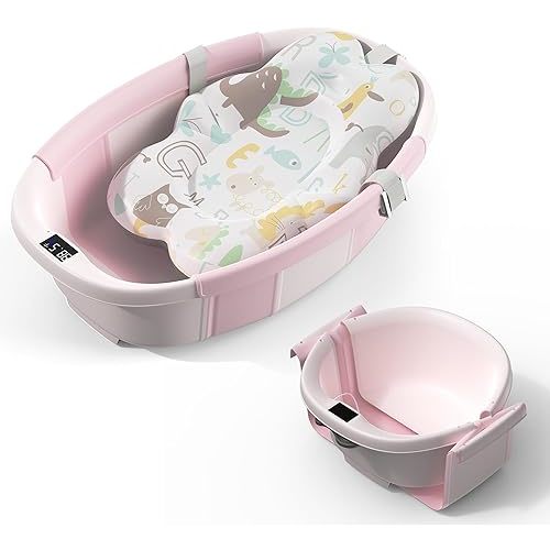 Collapsible Baby Bathtub, 3s to Install, Baby Bath Tub with Soft Cushion & Thermometer, 0-36 Months Newborn Bathtub,Portable Travel Baby Tub, Pink