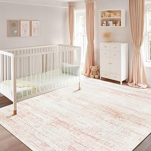 Washable Rugs 6x9 Area Rugs for Living Room,Bedroom,Dining Room- Ultra Soft Faux Wool Nursery Rug for Baby Girl,Neutral Light Pink Low Pile Vintage Carpets for Dorm Kids Playroom,Non Slip