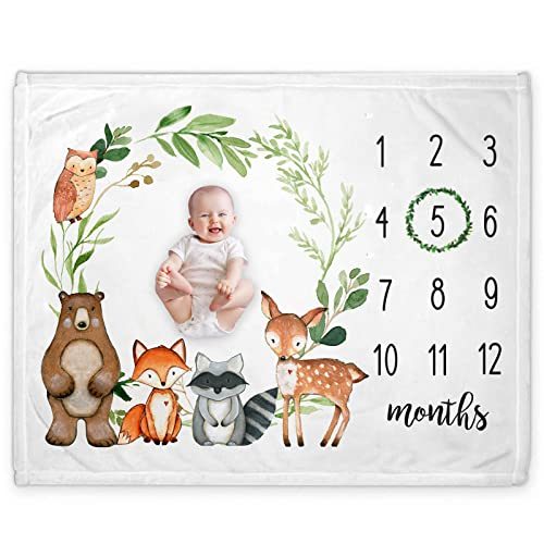 Yuzioey Baby Monthly Milestone Blanket - Woodland Forest Animals, Gift for New Moms, Baby Shower, Watch Me Grow, Greenery Woodland Nursery Decor, Includes Marker (50"x40")