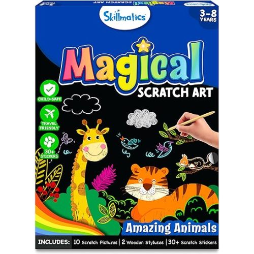 Skillmatics Scratch Art Book for Kids - Animals, Craft Kits & Supplies, 30+ Scratch Stickers, Travel Toys, DIY Kit, Gifts for Boys & Girls Ages 3, 4, 5, 6, 7, 8