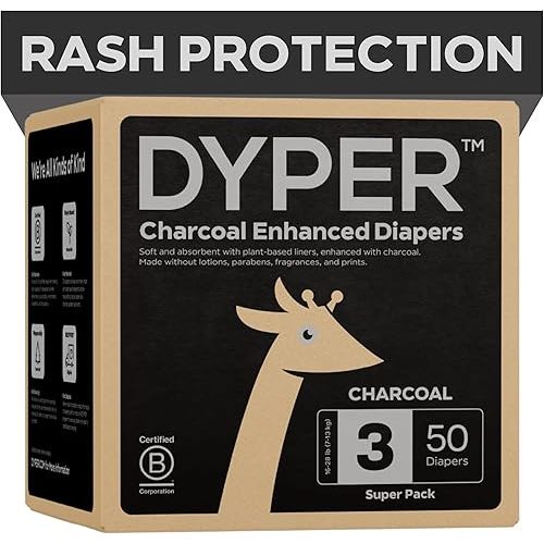 DYPER Charcoal Enhanced Diapers | Baby Diapers from Plant-Based* & Honest Materials | Day & Overnight Diapers | Disposable Diapers for Sensitive Skin (Size 3, 50, Count)
