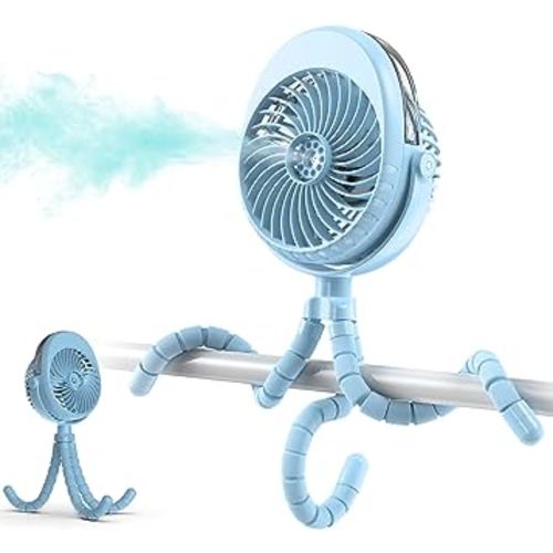 COMLIFE Misting Baby Stroller Fan, 270° & 360° Pivoting Portable Fan, Battery Operated USB Fan, Handheld Misting Fan, with Flexible Tripod Clip on Car Seat Crib Bike Treadmill Bunk Bed, Blue