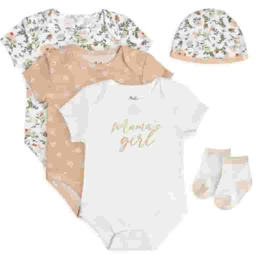 Baby Essentials Baby Girls 3 Months Mama’s Girl 5 Piece Bodysuit Set Containing 3 Short Sleeve Bodysuits, 1 Cap & Pair of Socks
