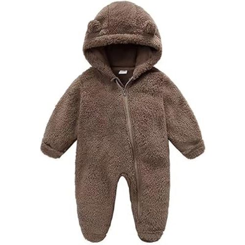 UVIPC Newborn Baby Fleece Footie Snowsuit Winter Onesie Cartoon Bear Warm Hooded Outfits for Girls Boys