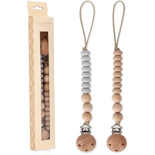 2 Pack Pacifier Holder Clips for Binky & Teether, Silicone Baby Pacifier Clip for Baby Girls(Sand, Grey)