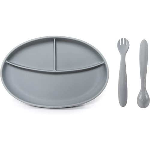 HOFISH Silicone Toddler Plates with Forks and Spoons, Divided Suction Plates for Baby, Baby Plates, BPA Free,Lead Gray - Plate Fork Set - Grey