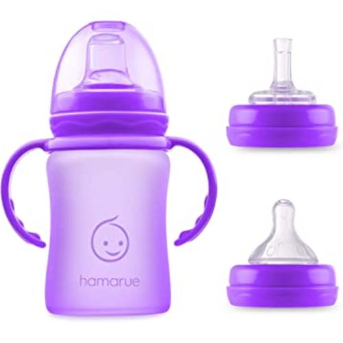 3-in-1 Glass Sippy Cups for Toddlers | Silicone Coated Glass Baby Bottles | Non-Toxic Transition Cup for Baby with Removeable Handles | Baby Straw Cup NB+,3M,6M,12M (Purple, 5 oz)