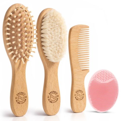 Baby Hair Brush and Comb Set for Newborn, Wooden Baby Brush w/ Soft Goat Bristle, Cradle Cap Brush for Newborns Infant, Toddlers, Eco-Friendly, Pink,