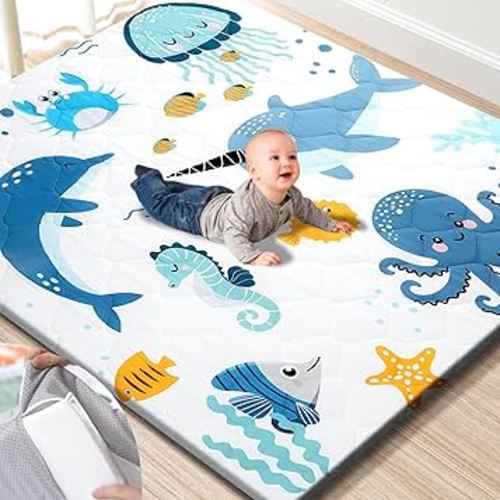 TINYHARBO Premium Foam Baby Play Mat 59x59 – Removable & Machine Washable Cover, Extra Thick Padding Playpen Mat, Non-Slip Crawling Mat, Easy to Clean for Infants, Toddlers & Babies