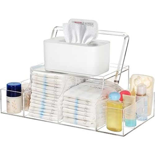 Diaper Caddy Organizer, Acrylic Diaper Organizer for Changing Table, Baby Caddy Organizer with Handle for Diapers, Nursery, Wipe Dispenser, Wipe Warmer