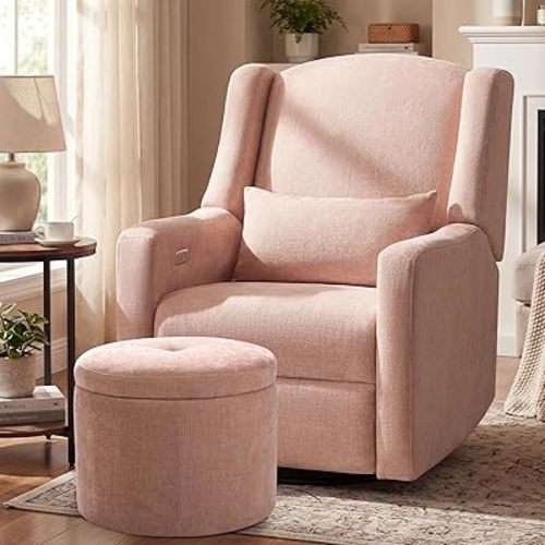 Power Glider Recliner Nursery Chair w/USB Ports, Soft Chenille Glider Rocking Chair for Nursery, Swivel Glider Chair with Lumbar Pillow for Living Room, Pink
