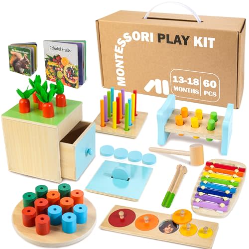 WOODMAM Wooden Montessori Toys for 1+ Year Old, 9 in 1 Learning Educational Toys for Toddler with Educational Box, Xylophone, Pound Bench, Shape Puzzle and More, Baby Toy Gift for 12-18 Months