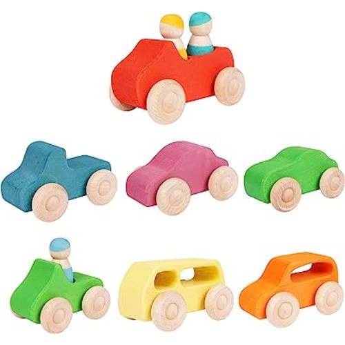Montessori Wooden Car Toys - 7 Rainbow Vehicle Set for Toddlers and Babies, 3 Peg Dolls, Colorful Pretend Play Push Cars, Development and Infant Toys