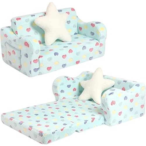 Extra Wider Seating Toddler Couch, 2-in-1 Toddler Soft Couch Fold Out with Star Pillow, Convertible Sofa to Lounger for Girls and Boys