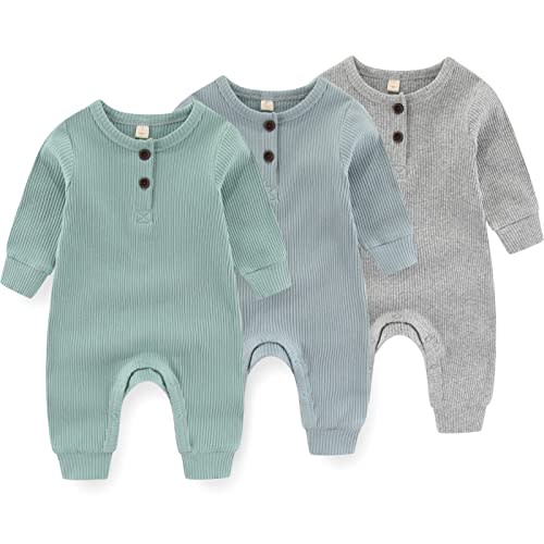 IADOER Newborn Baby Boys Girls One Piece Romper With Mitten Cuffs 3 Pack Long Sleeve Ribbed Button Jumpsuit Outfit Clothes