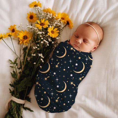 Yellow Moons & Stars Newborn Swaddle Set, Baby Girl Celestial Headband / Bow, Boy Knot Hat / Beanie, Witchy Photo Outfit, Galaxy Shower Gift