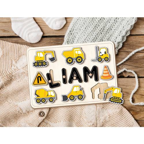 Personalized Construction Wooden Name Puzzle, Dump Truck, Backhoe, Digger Construction Set, Birthday Gifts for Baby Boy, Kids Name Puzzle