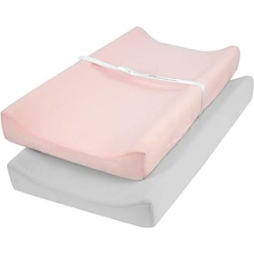 TILLYOU Changing Pad Cover Set in Soft Jersey Material - Fits 32"/34''x16" Contoured Pad for Babies,Peachy Pink & Lt Gray
