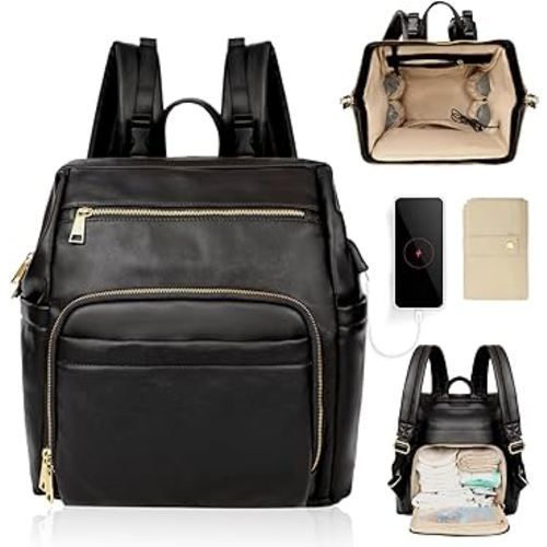 Diaper Bag Backpack Leather Diaper Bag Backpack Baby Bags with 18 Organizing Pockets,6 Insulated Pockets,USB Charging Port,Stroller Straps,Changing Pad (Black)