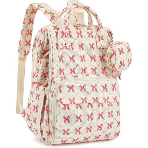 Corduroy Diaper Bag Backpack, Large Capacity Multifunction Baby Diaper Bags for Women, Insulated Bottle Pockets & Pacifier Case, Stylish Travel Nappy Changing Bags for Mom Dad (Bow Pink)