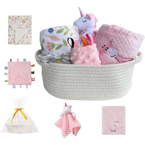 CREVENT Baby Gift Set Storage Basket with 2 Baby Blanket,1 Security Blanket,1 Taggie,1 Gift Bag with Ribbon, Pink, Unisex, 5Items