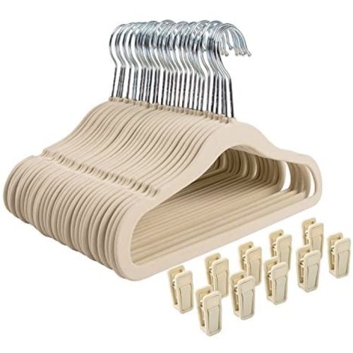 Finnhomy Non-Slip Clothes Hanger for Baby and Kids 30-Pack Velvet Hangers with 10 Finger Clips,Beige