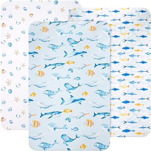 david's kids 3 Pack Mini Crib Sheets, Soft Breathable Premium Pack N Play Sheets for Baby Boys Girls Neutral, Playard and Mini Crib Mattresses, Whale