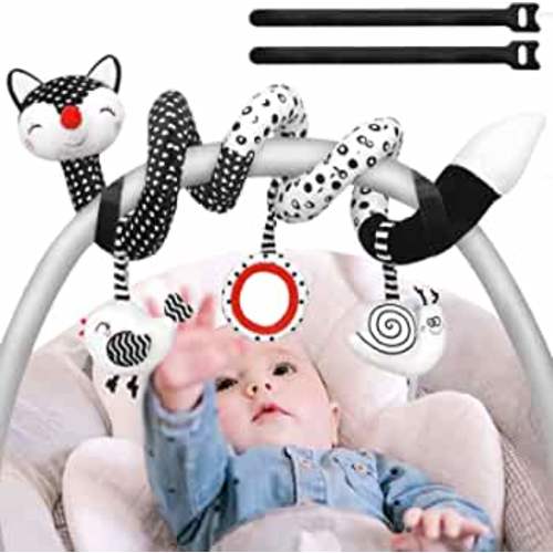 Car Seat Toys Baby Toys 0-6 Months Newborn Toys, Stroller Toys Infant Toys for 0 3 6 9 12 Months Girls Boys Infants, Black and White Baby Toys, High Contrast Baby Toys for Crib Mobile with 2 Velcro
