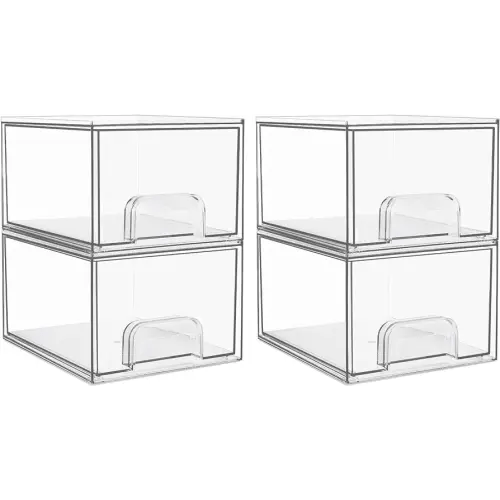 Vtopmart 4 Pack Clear Stackable Storage Drawers, 4.4'' Tall Acrylic Bathroom Makeup Organizer,Plastic Storage Bins For Vanity, Undersink, Kitchen Cabinets, Pantry, Home Organization and Storage